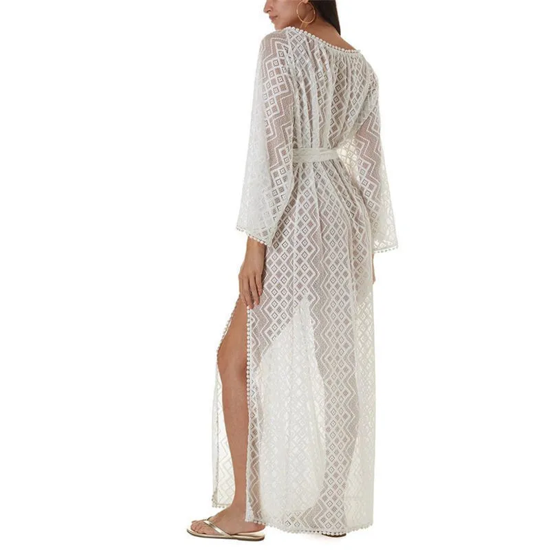 Sexy See attraverso abiti estivi bianchi in pizzo beach tunic women beachwear beachwear a v-collo a lungo manicotto a manicotto maxi abito di marcia q965 220510