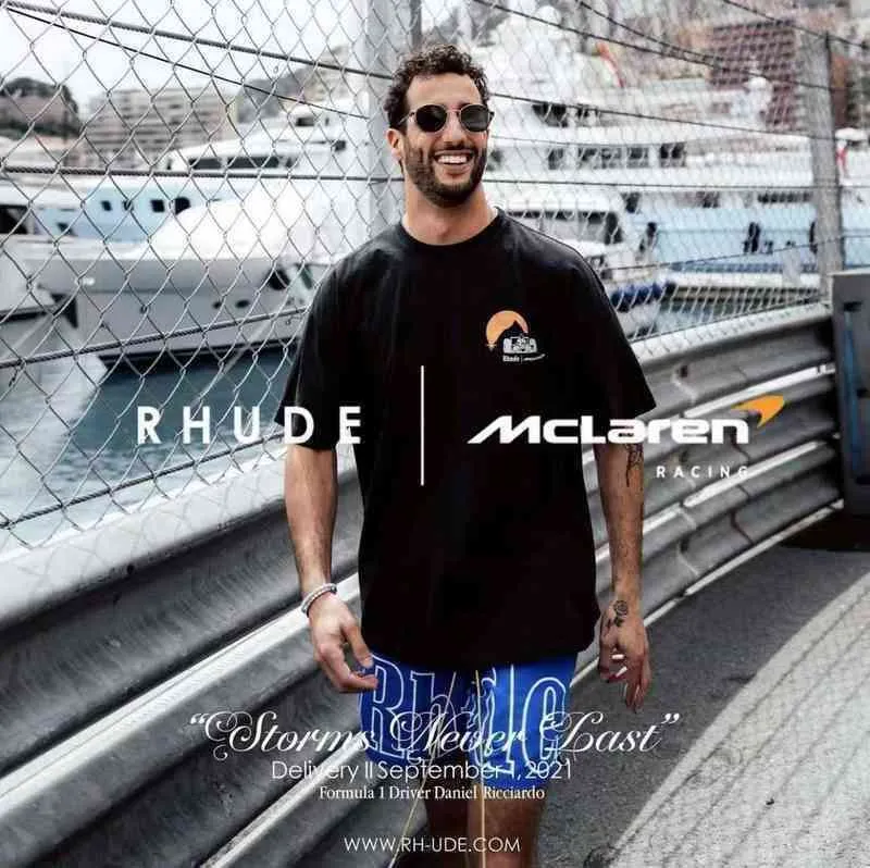 Designer Luxury Brand Rhud t-shirt de haute qualité Niche / Mclaren Formula F1 Classic Sunset Print Crew Neck Loose Short Sleev203o