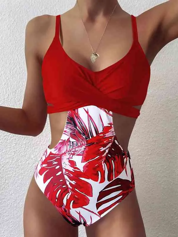 2022 Folha Impressão Swimwear Mulheres Skinny One Peça Swimsuit Maio Biquini Mujer Trikini Banador Monokini Bikini Badpak Maillot Femme Y220423