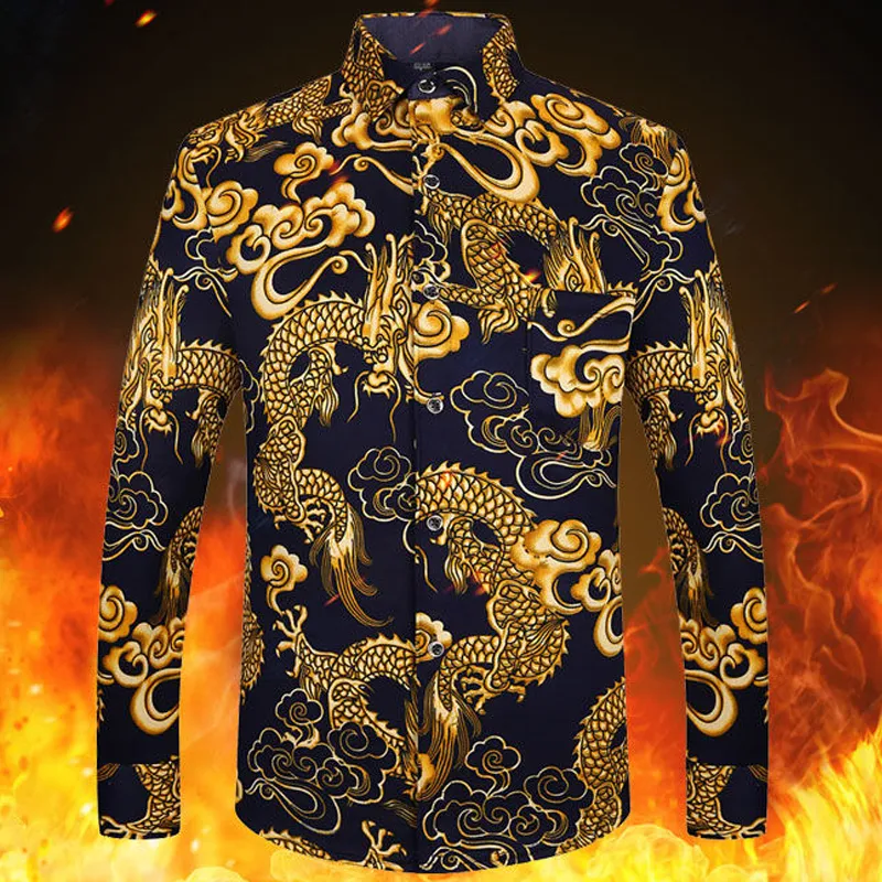 AOLIWEN Men Winter Warm Plus Fleece Thick Shirt Men's Brand Trend Chinese Dragon Printed Casual Daily Soft Long Sleeve 220322