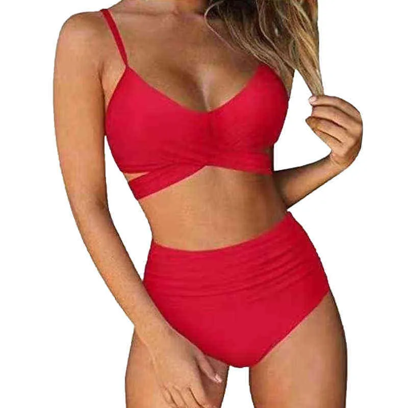 Costumi da bagno da donna Estate Sexy Tinta unita Bikini Cinghie incrociate a vita alta Costume da bagno a due pezzi Costumi da bagno Split Beachwear Y220420