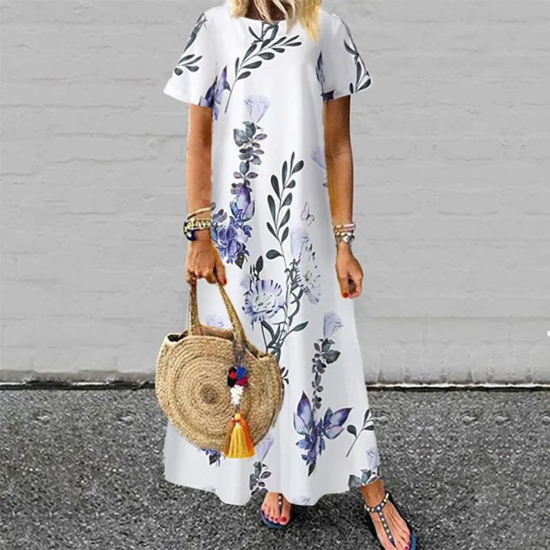 Bohemian Dress Women Short Sleeve Floral Printed Long Maxi Sundress O Neck Casual Loose Party Beach Robe 220425