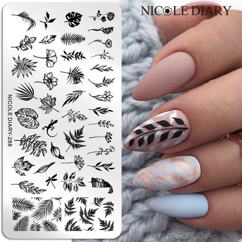 NICOLE DIARY Green Leaf Coconut Plates Spring Summer Stamping Flower Stamp Nail Polish Templates Stencil 220620