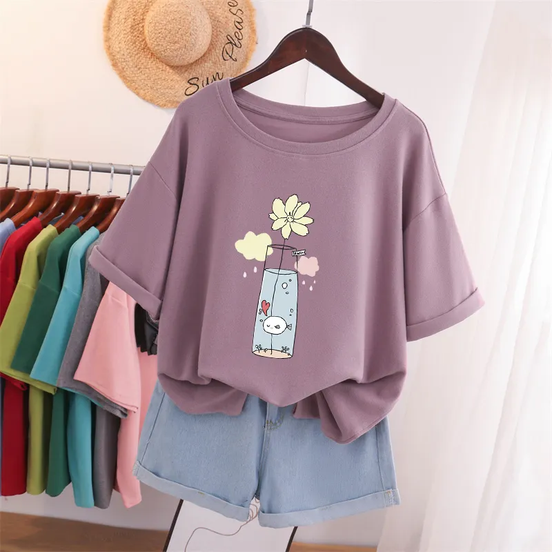 Dayifun 100% algodão l6xl camiseta de tamanho de camiseta curta feminina de manga curta impressão de flor japonês o pescoço de tamanho grande camisetas 220527