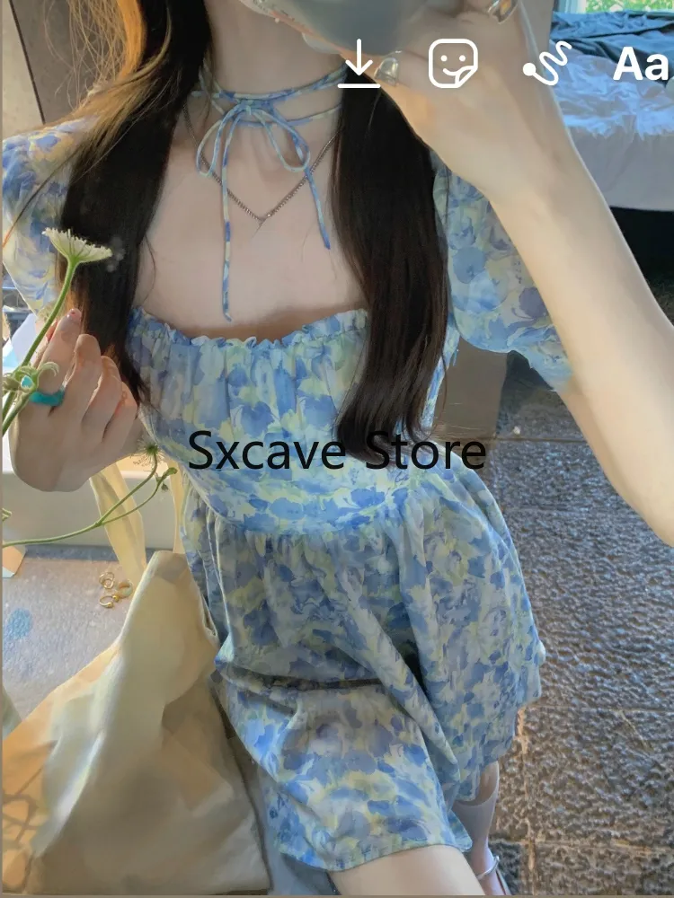 花の夏のドレス半袖バックレスミニドレス女性のアウトウェアドレス韓国ファッション220516