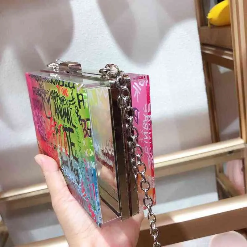 fashion Graffiti box women shoulder bags designer chains crossbody bag luxury Transparent pvc evening clutch female party purses 2269o