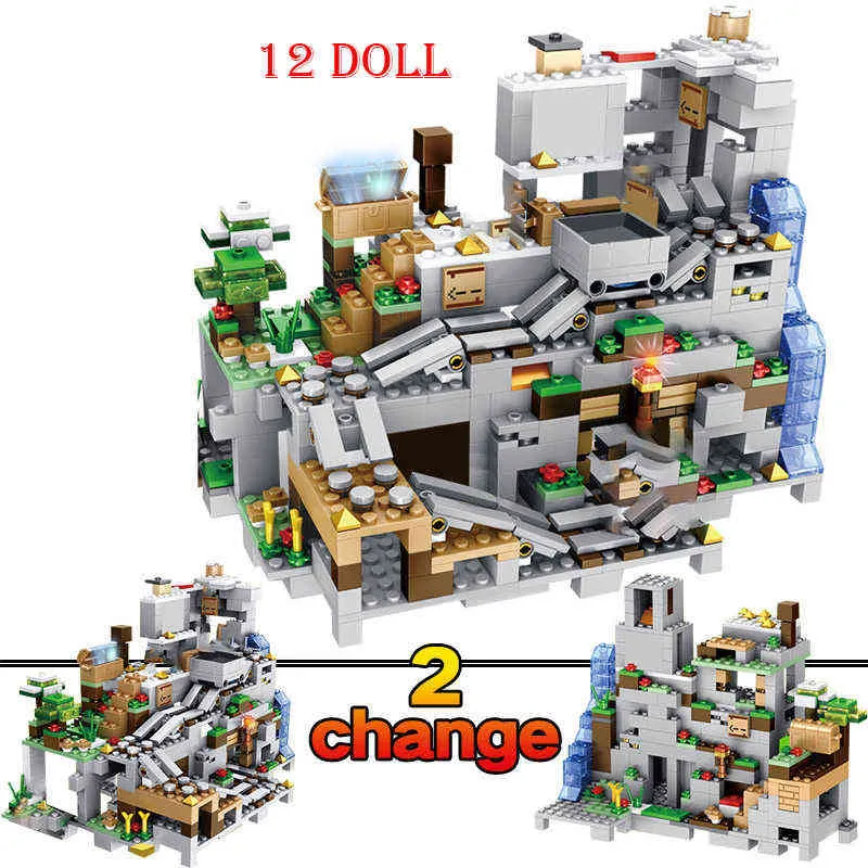 Der Mountain Cave Elevator Village Tree House Baustein mit Figuren kompatibel 21137 My World Bricks Set Geschenke Spielzeug G220524