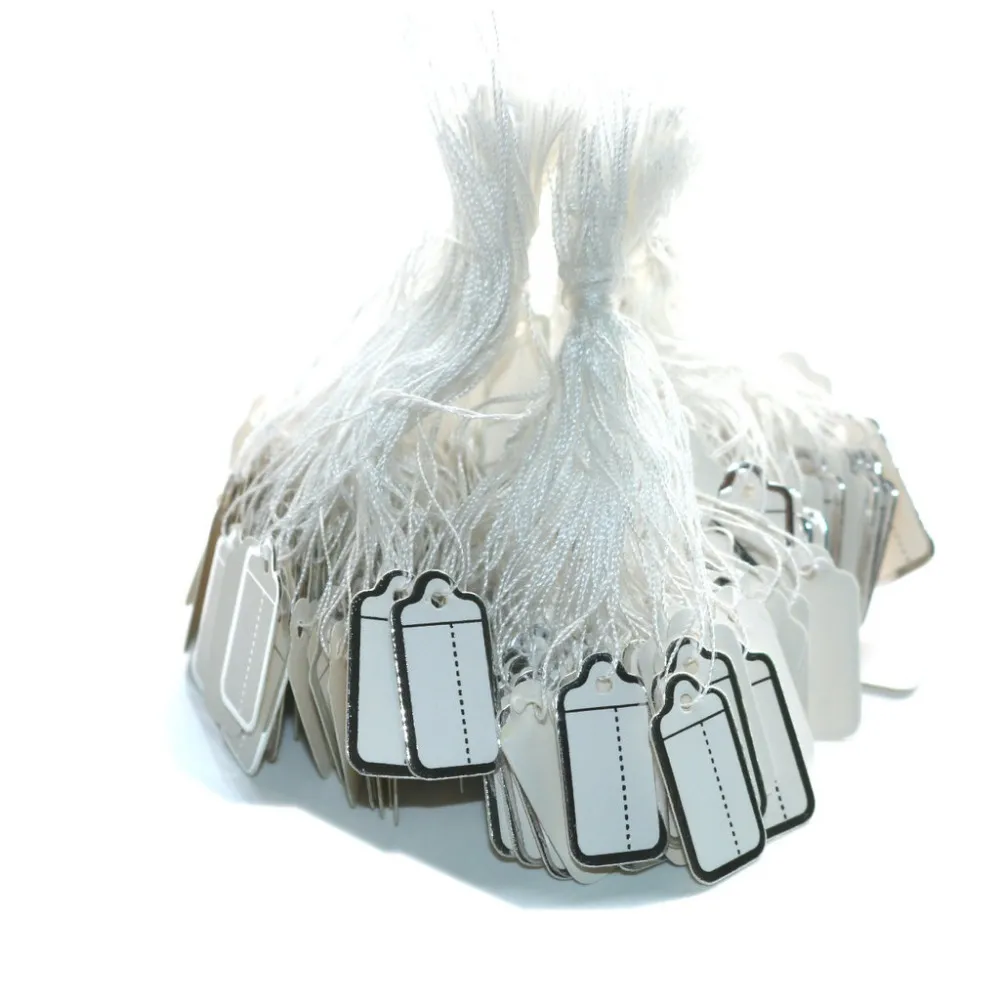 500 Stück Anhänger-Krawattenschnur-Display-Etikett, 23 x 13 mm, schickes weißes Schmuck-Papieretikett zum Anbinden, handschriftlich mit Baumwollseil293d