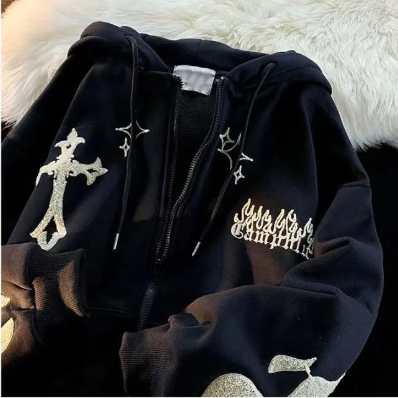American Retro Gothic Embroidered Cardigan Hoodies Women Y2K Street Trend Thickened Sweatshirts Couple Wild Zipper Hoodie Coats 220816