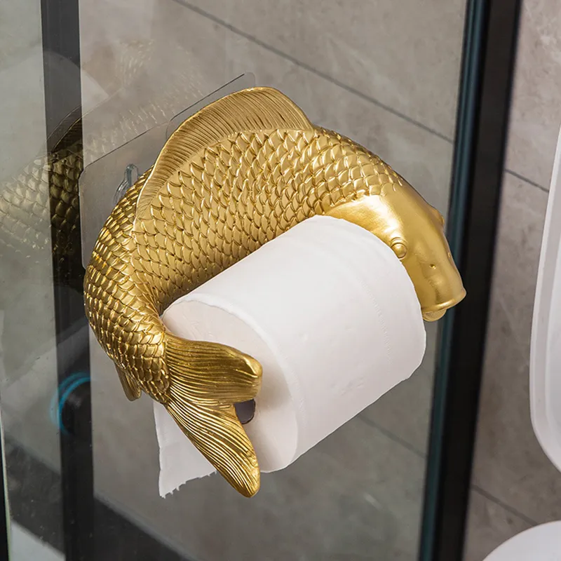 Koi Statue Fish Craft Holder Wall Hange Houng Bathroom家庭用トイレットペーパーラック無料パンチ装飾220617