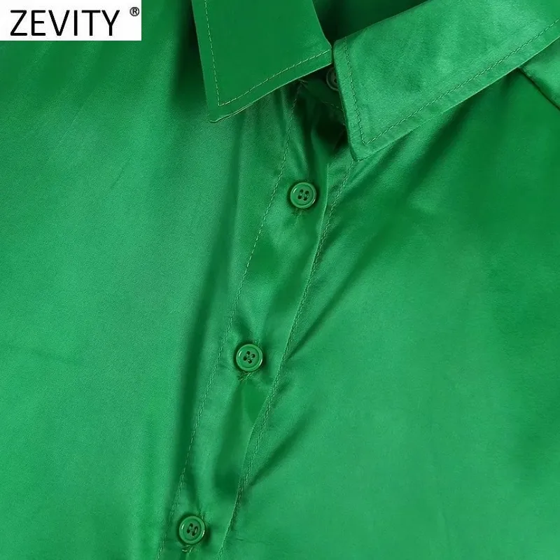 Zeefity Dames Simpel Single Breasted Green Satin Smock Blouse Office Lady Lange Mouw Zakelijke Shirts ChiCh Blusas Tops LS9844 220407