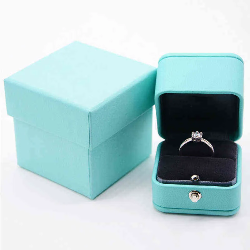 Luxury Romantic Blue Leather Jewelry Present Box Ring Box Halsband Box Ring Förpackning Förvaring Ring Organiser för bröllop Föreslå H2204164280