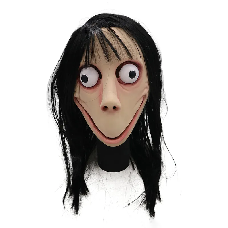 Masque Momo tête complète en Latex, jeu de piratage effrayant, grand œil avec longues perruques 2207057735754