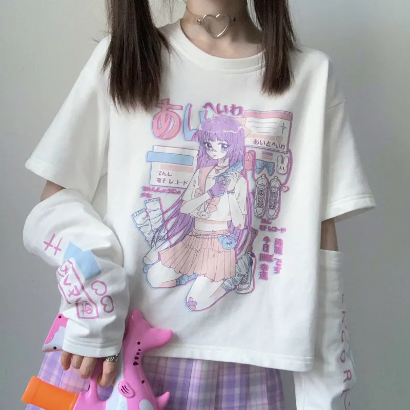 Japoński Anime T Shirt Z Długim Rękawem Top Zipper Usuwanie Tee JK Girl Cute Odzież Bawełniana Tshirt Kobiety Harajuku Cartoon Drukowane Topy 220321