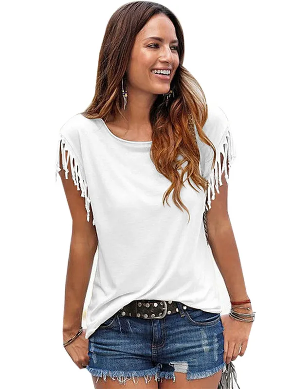 Custom multicolor and multi size women s European American large size round neck short sleeve tassels knot T shirt top 220621