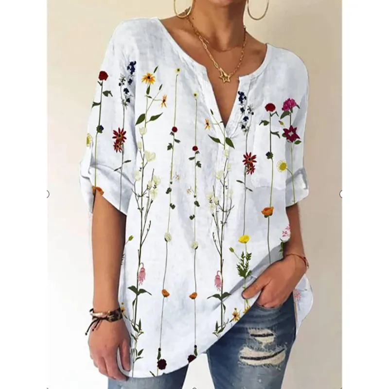 Ästhetisches Sommer-T-Shirt mit Vintage-Blumendruck für Damen, V-Ausschnitt, Y2K, 3/4-Ärmel, elegantes T-Shirt, lockeres, lässiges Top, Streetwear 220511