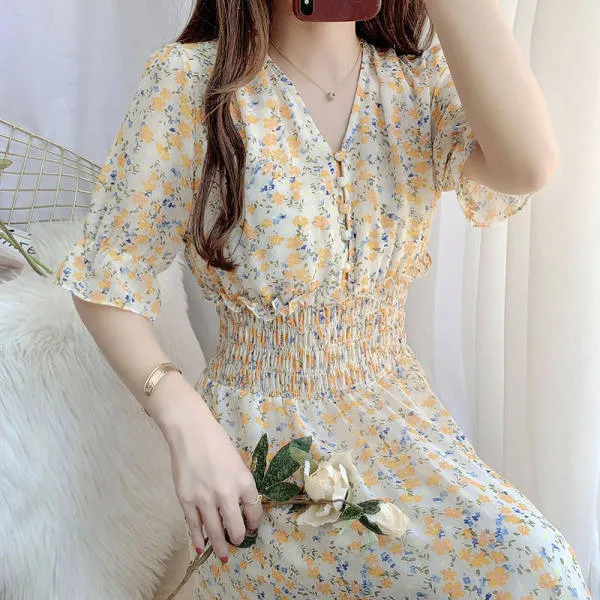 캐주얼 플로럴 프린트 여성 쉬폰 드레스 여름 반 소매 v- 넥 주름 긴 드레스 Mujer restidos 크기 5xl 220517