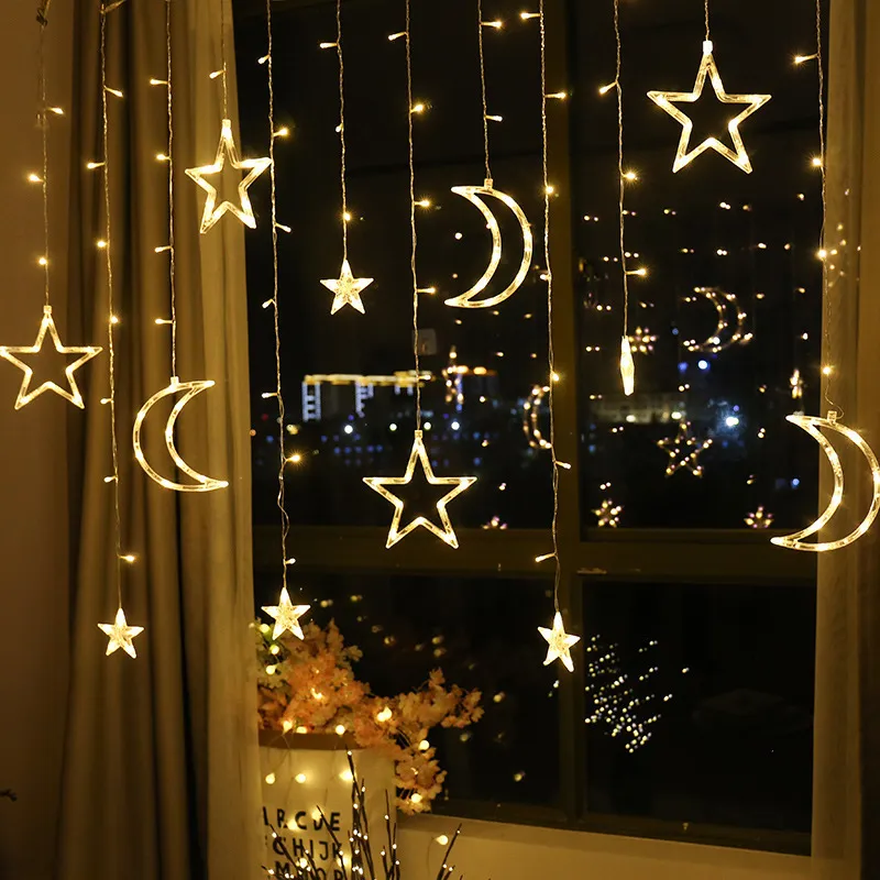 Pil Kumandalı LED Yıldız Ay Peri Perde Dize Işıkları Noel Garland Açık Ev Düğün Parti Bahçe Pencere Dekor Için 220408
