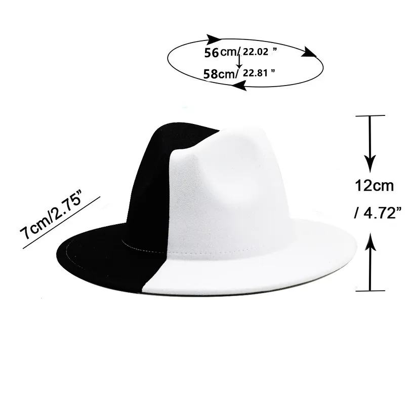 Черно -белая лоскутная шерстяная шерстяная шерсть джазовая федора шляпа женская унисекс широкий края панама вечеринка трилби ковбойская шапка для мужчин джентльмен свадебная шляпа 229583161
