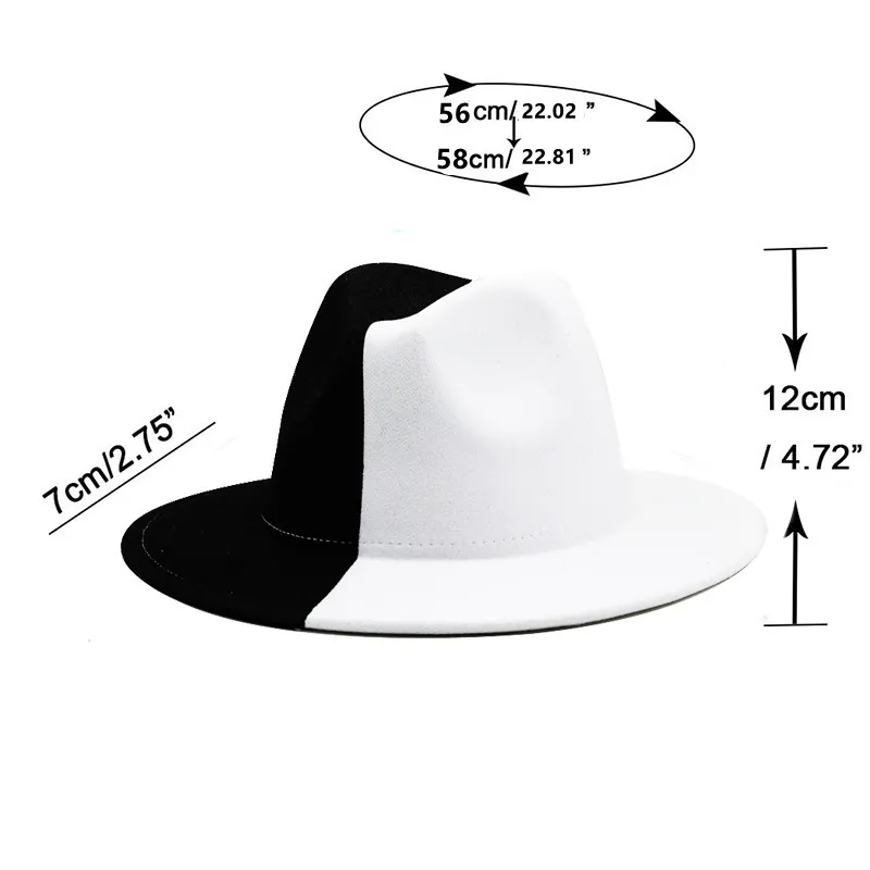 Black White Patchwork Wool Feel Jazz Fedora Hat Women Unisex Wide Brim Panama Party Trilby Cap Cowboy Cappello da gentiluomo Cappello matrimoni 225944625