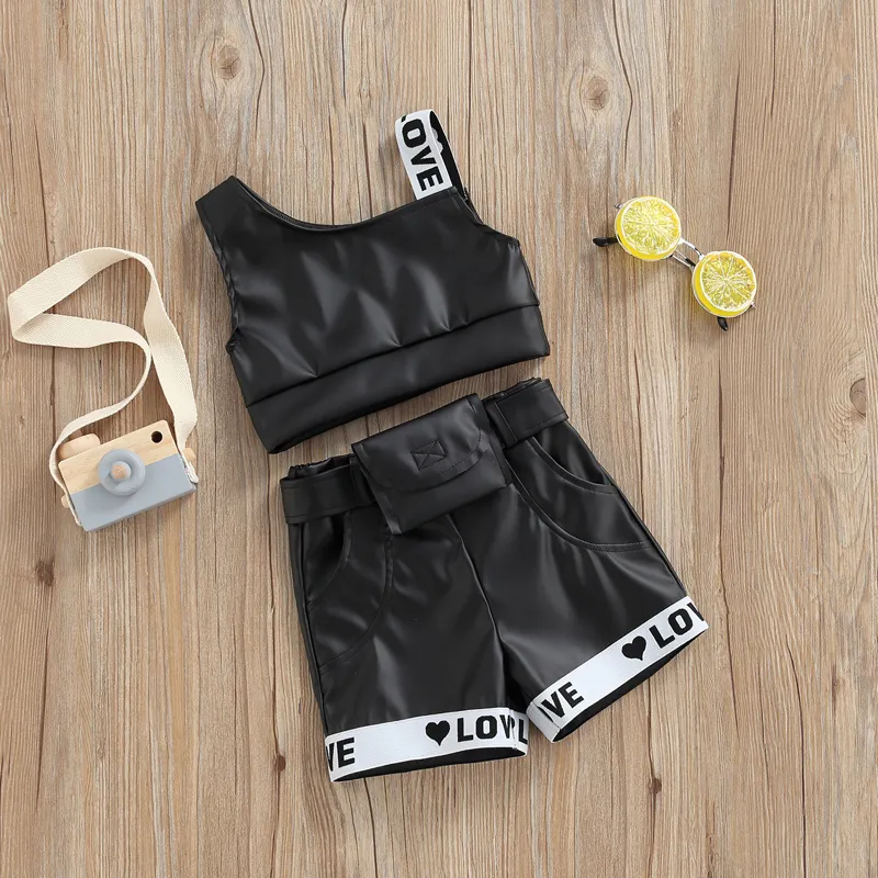 FOCUSNORM 0 5Y Fashion Summer Girls Clothes Sets One Shoulder LOVE Letter Vest Tops Shorts With Bag PU Leather Clothing 220620