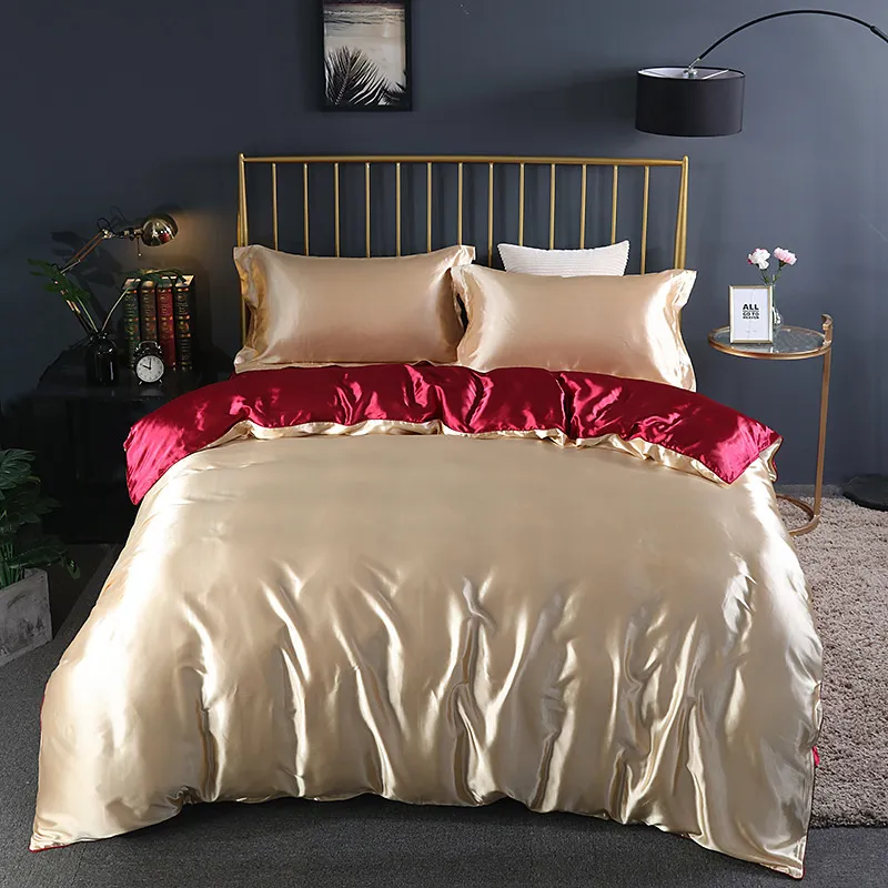 Ensemble de literie de luxe en soie avec drap housse haut de gamme 100% ensembles de literie en Satin de soie doux lisse couleur unie housse de couette 220423