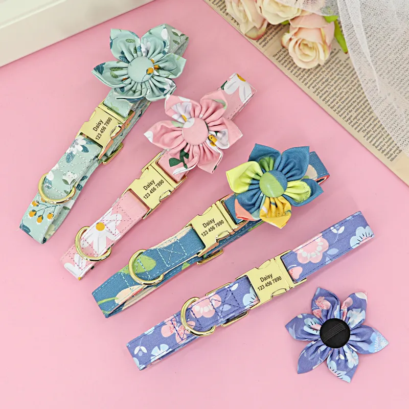 Free Engraved Dog Collar and Leash Set Personalized Nylon Pet Flower Collars Walking Lead Rope With ID Tag Flower Accessories 220610