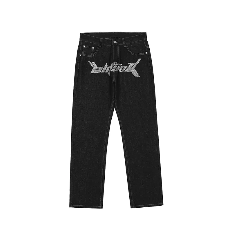 Back Dollar Print Bronzing Jeans för Mem Harajuku Streetwear Straight Retro Ripped Casual Denim Trousers Baggy Washed Jean Pants 220804