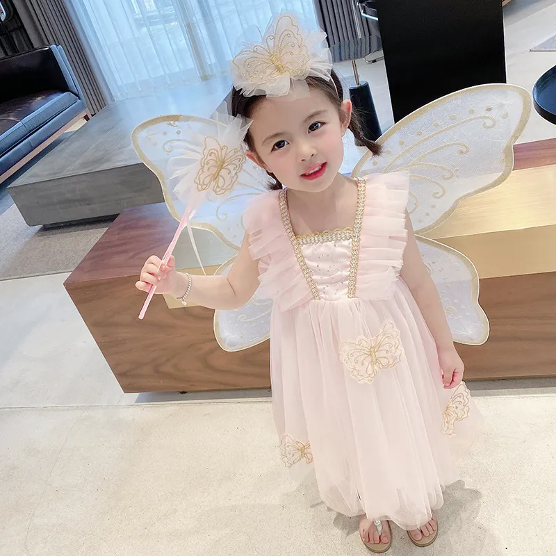 Summer Girls Dress Butterfly Wings Lace Princess Alla moda Festa di compleanno Bambini Abbigliamento le vacanze bambini 220426