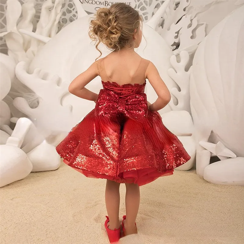 2022 красные кружевные платья для девочек-цветочниц на свадьбу с жемчужным вырезом, атласные платья принцессы с блестками, высокие и низкие пышные платья для маленьких девочек с бантом 4171726