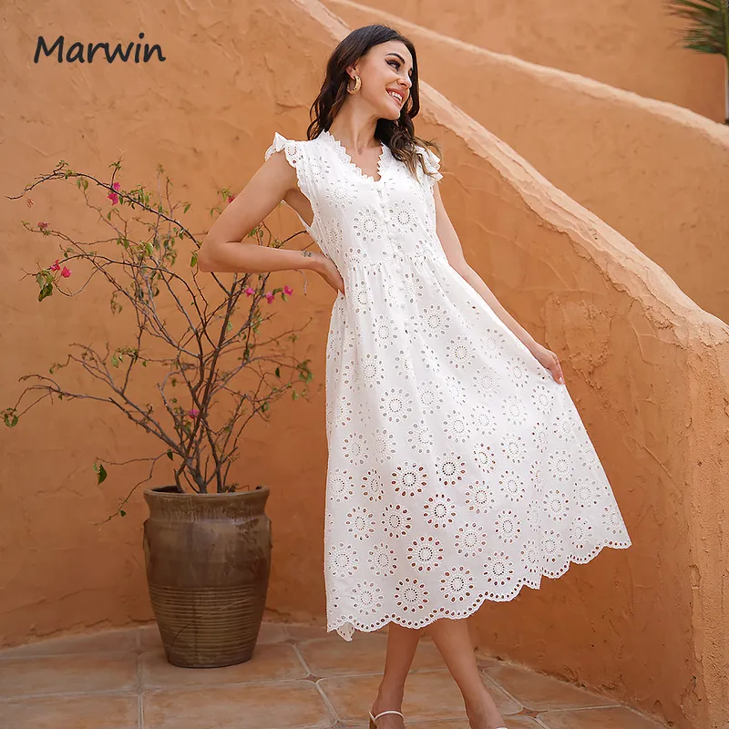 Marwin largo simple casual sólido ahueca hacia fuera puro algodón estilo de vacaciones cintura alta moda media pantorrilla vestidos de verano Vestidos 220409