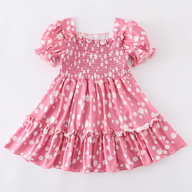 Girlymax SpringSummer Baby Girls Kids Boutique Clothing Children Ruffles Dress Smocked Floral Milk Silk Knee Length 220519