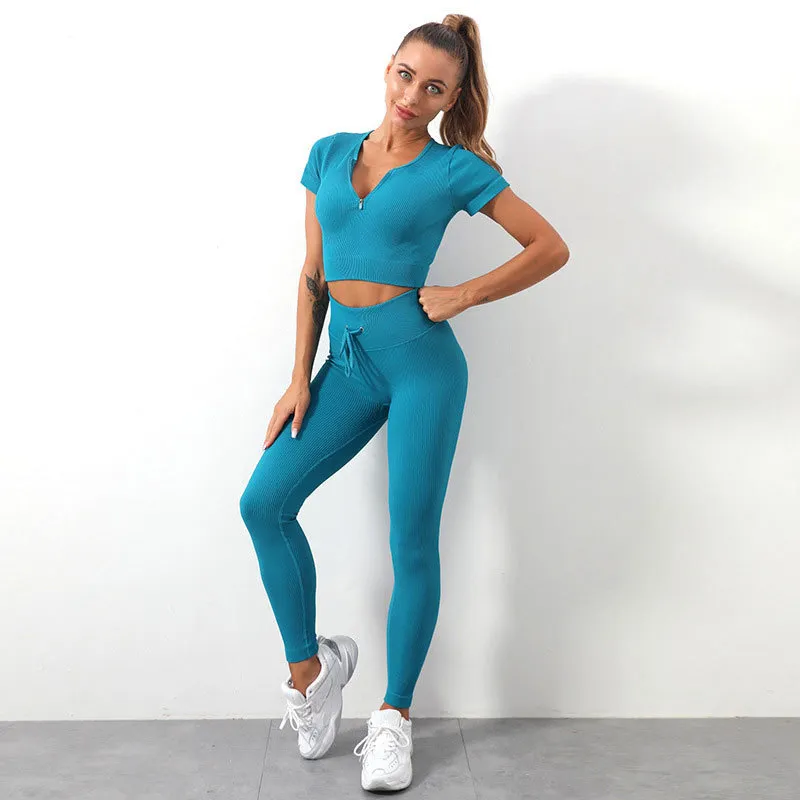 2 pièces ensemble de Yoga pour les femmes à manches courtes taille haute Legging long avec fermeture éclair Fitness collants de course vêtements d'entraînement costumes de gymnastique 220330