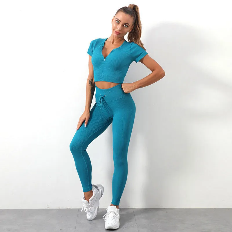 Yoga Set For Women Short Sleeve High Waist Legging Long With Zipper Fitness Running Tights Workout Clothes Gym Suits 220330