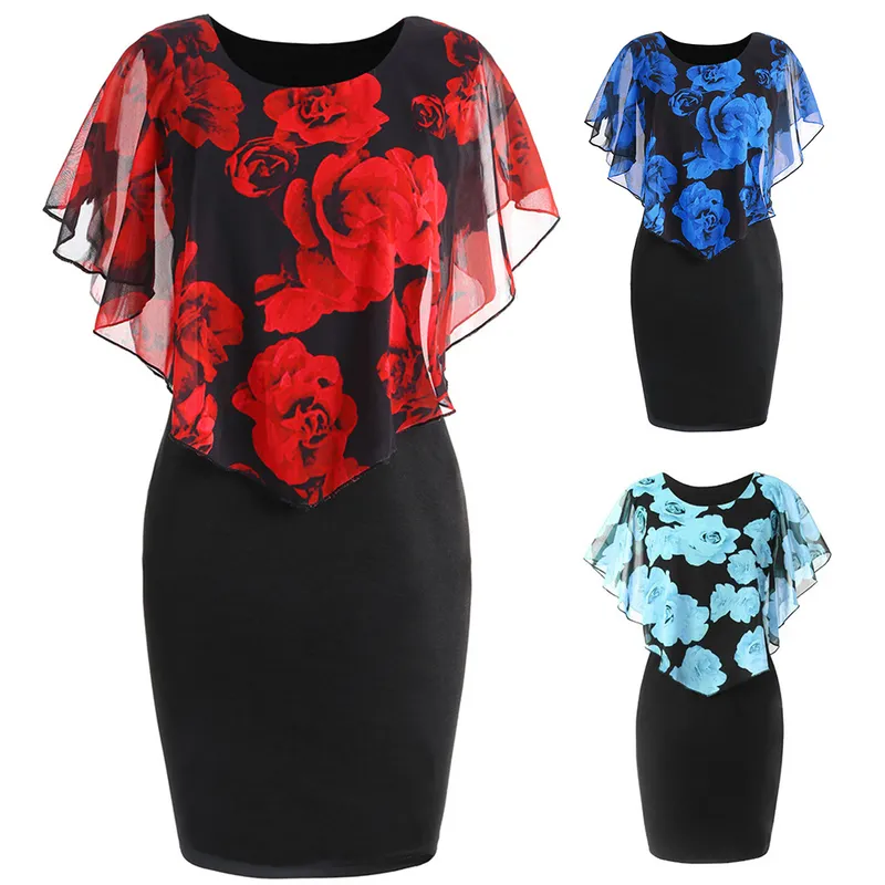 Été Lâche Femmes Robe Élégant Bureau Dame Rose Fleur Imprimer Cape Moulante Genou Longueur Rouge 220613