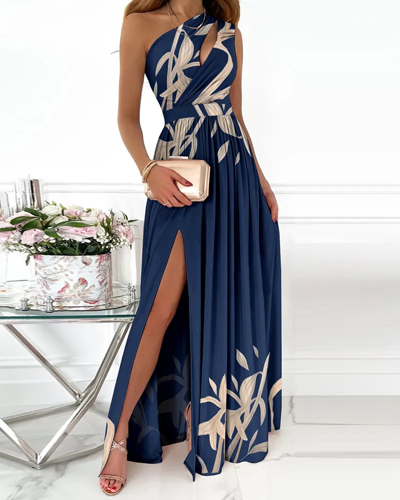 Été élégant une épaule imprimé fleuri haute fente découpe Maxi robe de soirée asymétrique femmes longue soirée de mariage Sexy Robes 220521