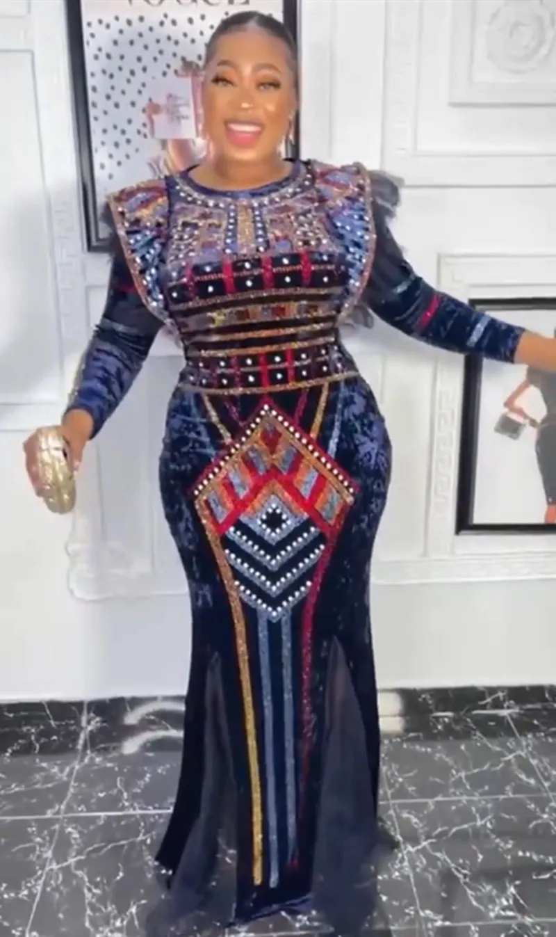 冬の女性バジンリッチアフリカ民族プリントドレス秋のベルベットファッションエキゾチックパーティーマキシドレス220521