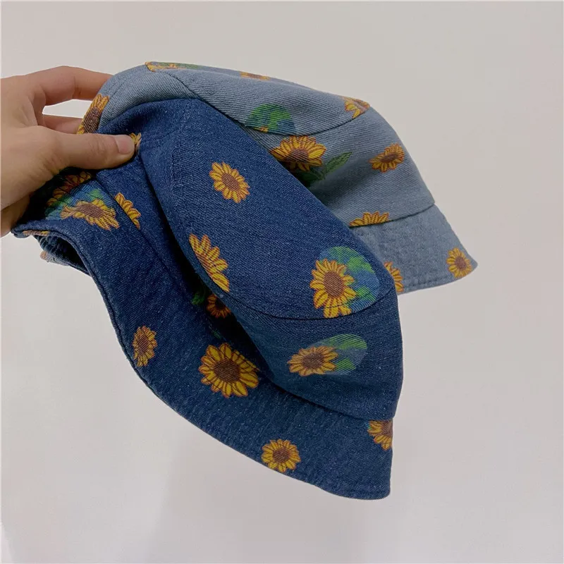MILANCEL Summer Children's Denim Bucket Hat Sunflower Print Big Brim Hat 220611