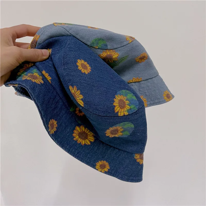 Milancel Summer Children's Denim Bucket Hat Sunflower Print Big Brim Hat 220611