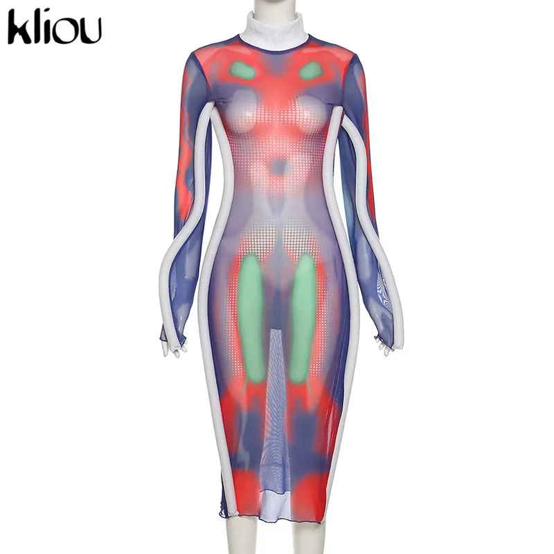 Kliou Y2K Mesh Maxi Dress Women Undefined Hipster Foam Vine Robe Long Sleeve Turtleneck Female Party Club Attirewear Multi-color 220317