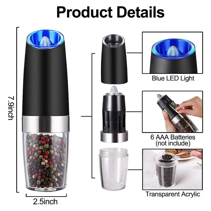 MLIA Set Electric Pepper Mill Stainless Steel Automatic Gravity Induction Salt and Pepper Grinder Kitchen Spice Grinder Tools 220812