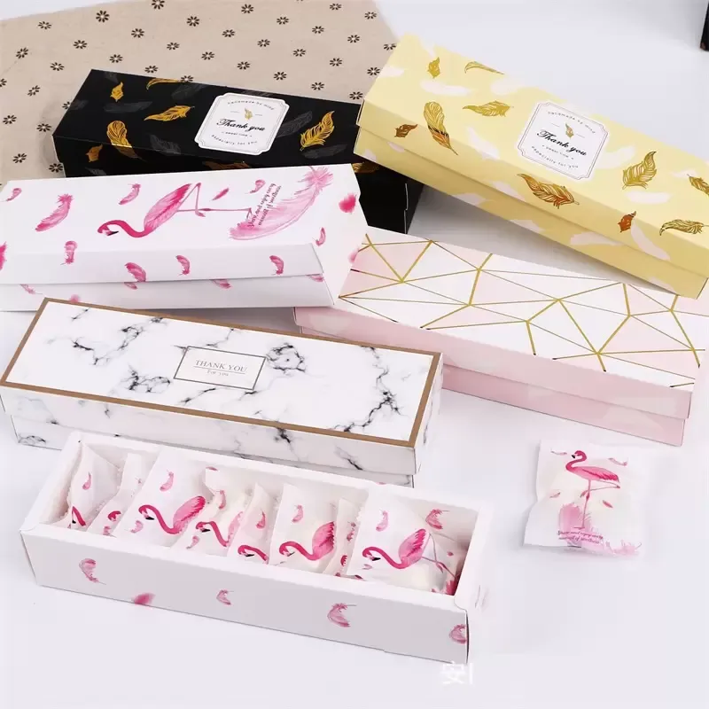 Flamingo / Marble / Feather Pattern Paper Packaging Box Nougat Cookies Geschenkdoos Bruiloft Chocolade Cake Brood Kartonnen dozen BES121