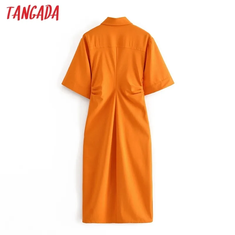 Tangada Mode Vrouwen Effen Oranje Tuniek Jurk Korte Mouw Elegante Dames MIDI Vestidos 3H906 220331