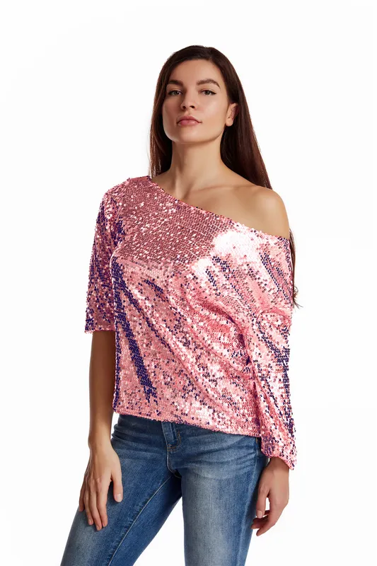 Dames Sparkle Pailletten Off Shoulder Tank Top Blouse Classic Trendy Casual Glittery Losse Kostuum Cocktail Party T-shirt 220328