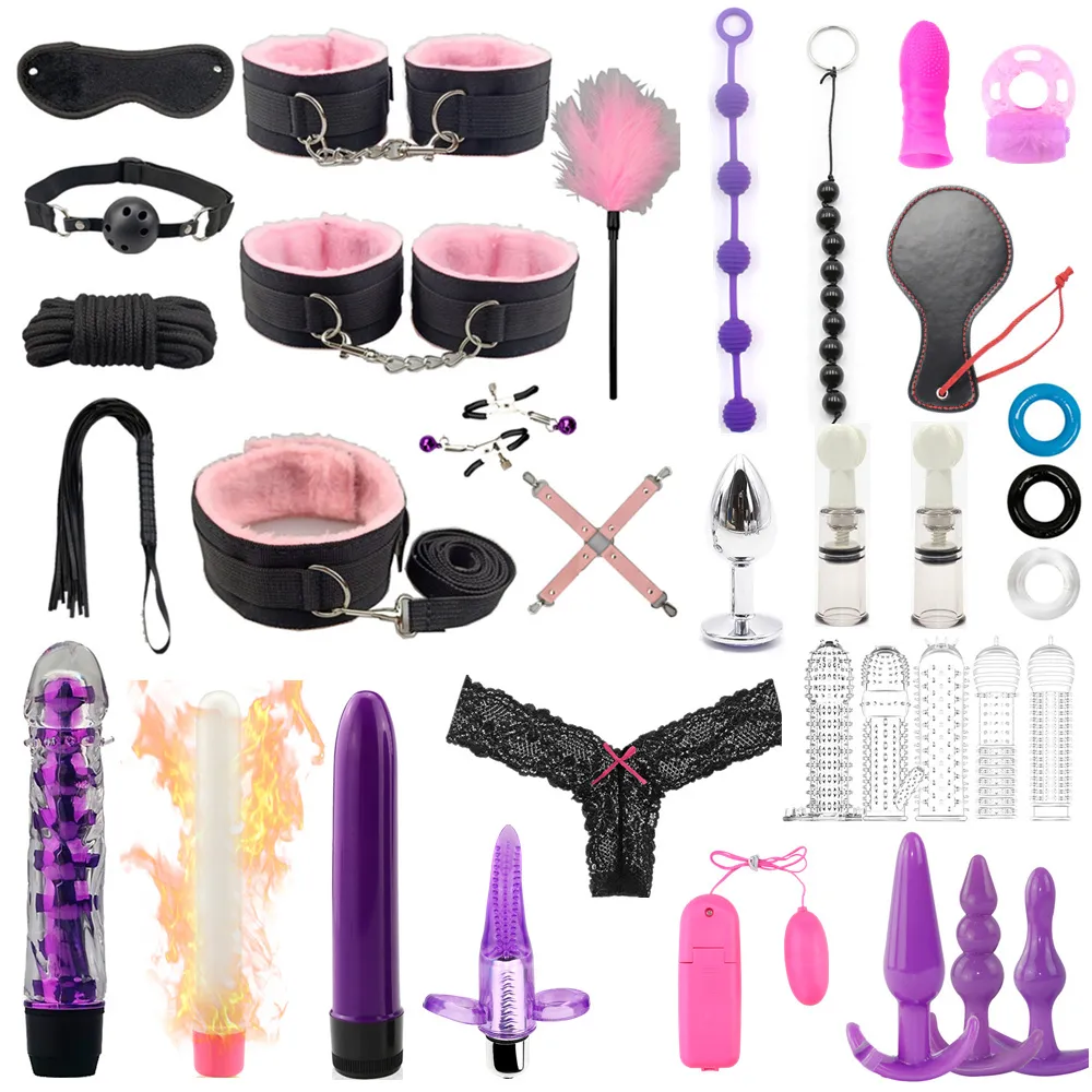 Jouets sexy pour femmes SM ensemble de jouets menottes fouet fessée Plug Anal Kits BDSM vibrateur Bondage Gear jeux adultes