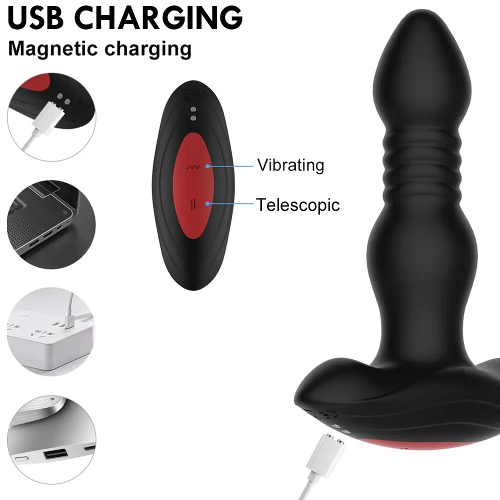 10 hastigheter Automatisk teleskopisk manlig prostata massager Trådlös fjärrkontroll THROSTING BUTT PLUG Anal Vibrator Sexiga leksaker för Men7625762