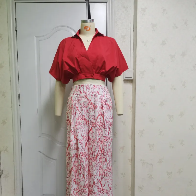 Wefads Conjuntos de dos piezas para mujer Camisa sexy de manga media Elgant Estampado floral Pantalón de pierna ancha Ropa de calle alta