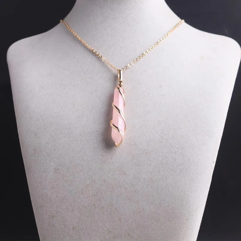 Pendant Necklaces Natural Energy Healing Gemstone Hexagonal Crystal Pointed Rose Quartz Wire Wrapped For Women Girls202f