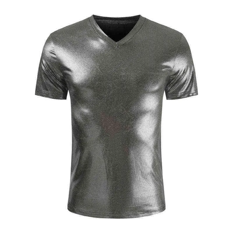 Mens Shiny Metallic T-Shirts Hipster Slim Fit V Neck Short Sleeve T Shirt Men DJ Stage Singer Nightclub Prom Tee Shirt Homme 3XL L220704