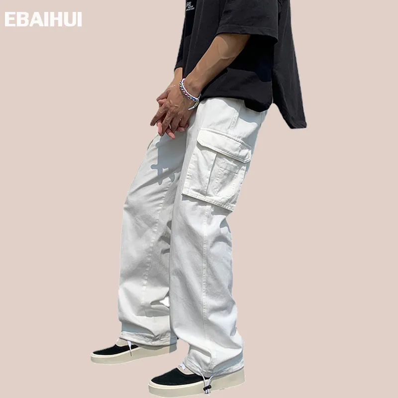 Ebaihui heren zwart / wit broek losse rechte wijde beenbroek straat hip hop multi pocket cargo broek casual mode man